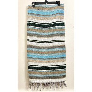 Vintage Earth Ragz Striped Indian Blanket 61x44” Fringed Turquoise Beige Throw